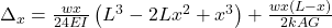 \Delta_x = \frac{wx}{24EI}\left(L^3-2Lx^2+x^3\right)+\frac{wx(L-x)}{2kAG}