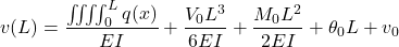 \[v(L) = \frac{\iiiint_0^L q(x)}{EI} + \frac{V_0L^3}{6EI} + \frac{M_0L^2}{2EI} + \theta_0L + v_0\]