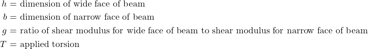 \begin{align*}h &\text{ = dimension of wide face of beam} \\b &\text{ = dimension of narrow face of beam} \\g &\text{ = ratio of shear modulus for wide face of beam to shear modulus for narrow face of beam}  \\T &\text{ = applied torsion}\end{align*}